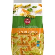 כ-500 ג'. פסטה פוזילי טריקולור אורגנית: צהובה - חיטה, ירוקה - תרד, וכתומה – עגבניות. ללא צבע